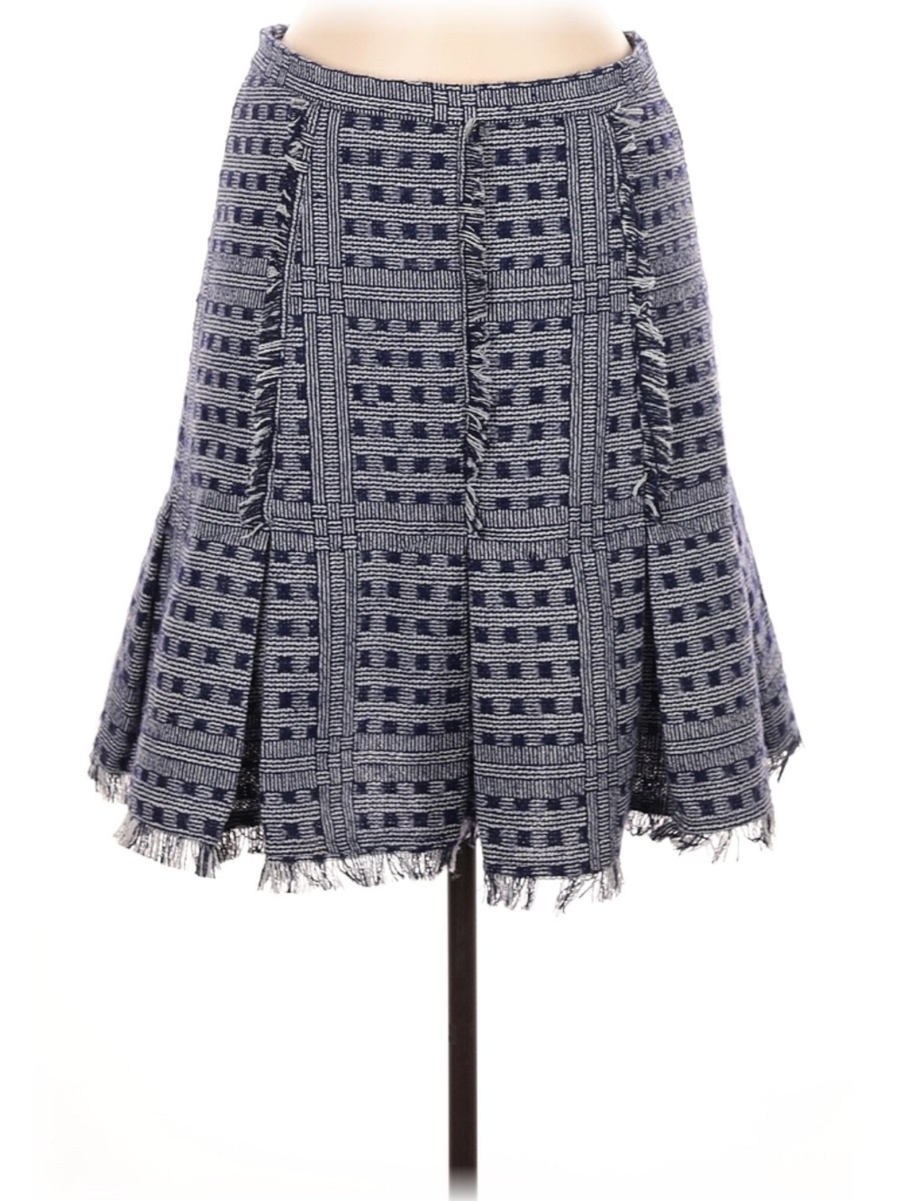 Eva Franco Anthropologie Checkerboard A-Line Fringe Hem Pleated Skirt Gray Navy